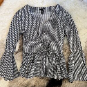 Aqua Black & White Gingham bell sleeve  lace up tie 100% cotton medium top
